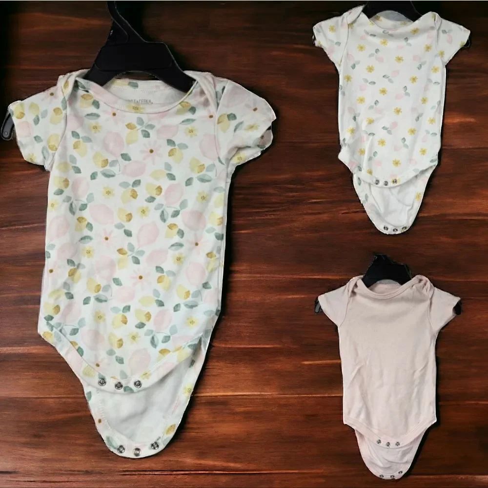 Baby Girl 3pc Lemon Print Onesie Bodysuit Playwear Fruit 6-9M Pink Yellow Bundle